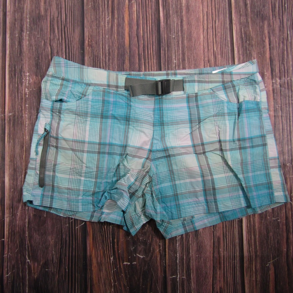 Columbia Shorts Womens 14 Blue Plaid Omni-Wick Hiking Nylon Belted 4‎ Inseam